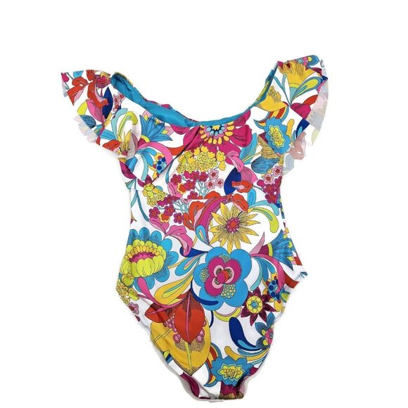 New Trina Turk Fontaine Off Shoulder Swimsuit Womens 8 Ruffle One Piece Floral - Picture 4 of 7